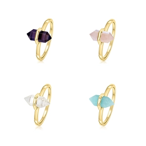 S925 sterling silver ring featuring hexagonal natural crystal stones in gold setting
