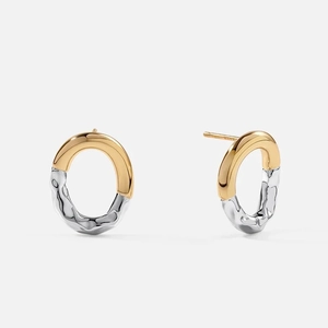 Two-tone 18K gold and silver hoop earrings with unique hammered balloon texture and smooth finish