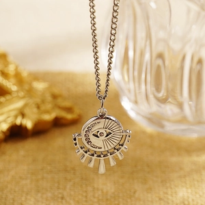 Vintage stainless steel evil eye sun pendant necklace with moon crystal inlay