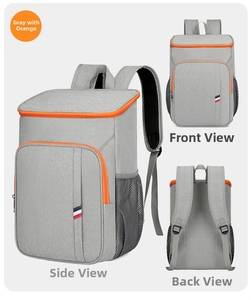 Vue en trois angles du grand sac à dos de pique-nique isotherme gris et orange avec détails complets