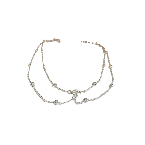 Minimalist silver double-layered bead chain choker necklace with a central diamond stone