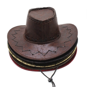 Stacked distressed faux leather western cowboy hats in multiple colors with chin straps