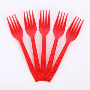 Set of 5 red plastic Christmas party forks with textured diamond handle design