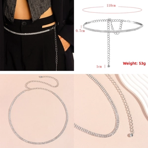 Détails de la chaîne de taille en strass argentés avec spécifications de taille et extension