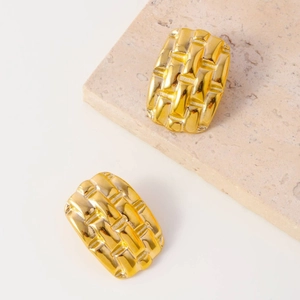 Stainless Steel Woven Texture Stud Earrings Geometric Rectangular Vintage Minimalist Gold Silver Color Jewelry For Women