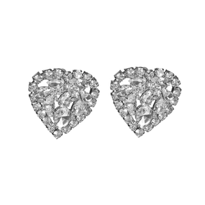 Sparkling silver heart-shaped stud earrings with pave-set crystals and rhodium plating