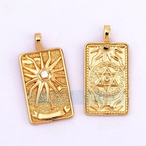 Detailed front and back of gold tarot sun pendant with zircon inlay and hexagram relief
