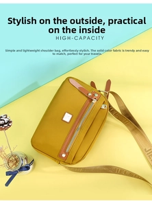 Detail of mustard yellow nylon crossbody bag with leather trim and branded strap