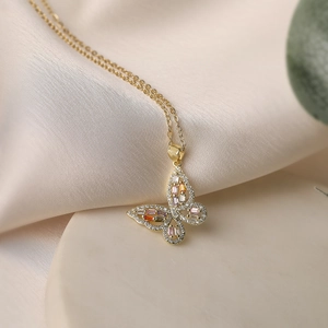 Exquisite 18K gold plated copper butterfly necklace with colorful stones and zircons