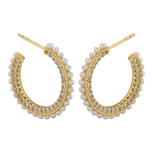 Golden C-shaped hoop earrings with white pearls and micro-paved zircons for women