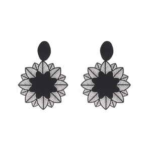Unique matte black spray painted geometric flower drop earrings for women in punk style