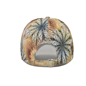 Detail of adjustable metal buckle and floral woven fabric on the baseball cap