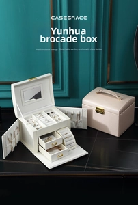 Macro view of multi-layer jewelry box with earring plates and velvet ring slots