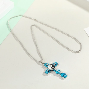 Punk stainless steel cross pendant necklace with black and white Tai Chi zircon inlay