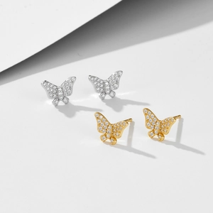 Boucles d'oreilles papillon élégantes en argent s925 et or avec zircons micro-paves fins