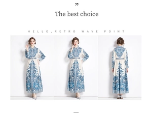 Trois vues de la robe longue rétro à fleurs bleu et blanc avec col et ceinture assortie