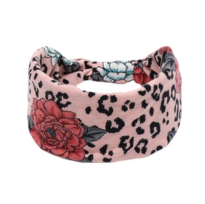 Bandeau large rose avec imprimé léopard noir et fleurs pour le yoga et le sport