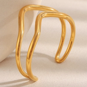 Polished 18K gold plated stainless steel twisted double-layer wavy open bangle bracelet
