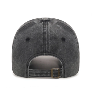 Back view of washed dark grey baseball cap with adjustable copper metal buckle