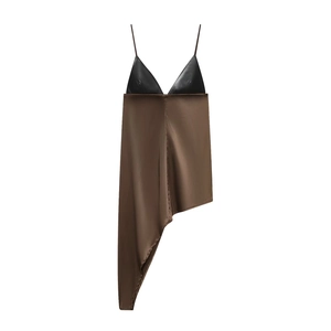 Patchwork Camisole Top Faux Leather And Satin Asymmetrical Irregular Hem Streetwear V Neck Spaghetti Strap Sleeveless Sexy