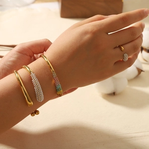 18K gold plated stainless steel bangles set with colorful zircon and pearl details