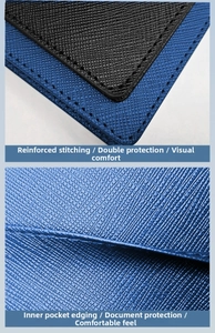 Detailed view of reinforced stitching and inner edge lining on a crossgrain PU passport holder