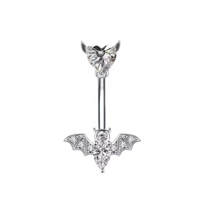 Silver stainless steel bat belly button ring with heart-shaped clear gemstone accents