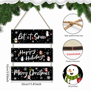 Three-piece black Christmas wooden hanging sign with snowman and holiday greetings