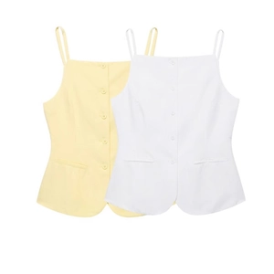 Women Sleeveless Vest And Shorts Solid Color Button Front Square Neck Casual Streetwear Summer Outfit