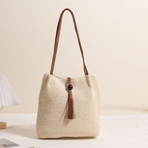 Beige woven cotton shoulder bag with wooden beads, brown leather tassels and PU straps