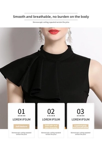 Detail showing the ruffled shoulder of this black sleeveless high-neck ruffled dress