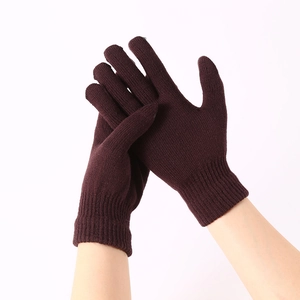 Solid dark brown knitted winter gloves with ribbed cuffs and thermal acrylic stretch fabric