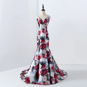 Women Mermaid Evening Dress Satin V Neck Spaghetti Strap Rose Floral Print Back Lace Up Slim Fit Formal Party Long Gown