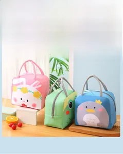 Three cute cartoon animal lunch bags in pink, green, and blue with sturdy handles