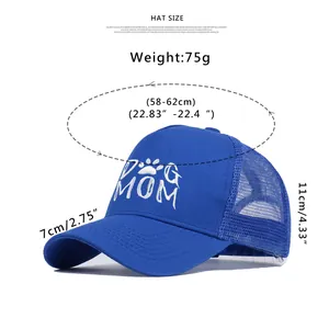 Tableau des tailles pour la casquette bleue Dog Mom montrant le tour de tête et la visière