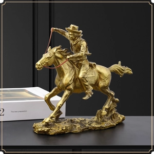 Western Cowboy Riding Horse Statue Resin Golden Metallic Figurine Vintage Desktop Sculpture For Home Office Decor