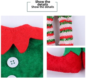 Detailed views of Christmas elf wine bottle cover showing felt fabric and buttons