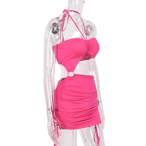 Detailed side view of rose pink two-piece set with drawstring skirt on transparent mannequin