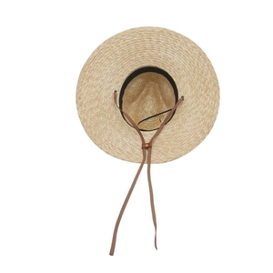 Classic 12cm wide brim straw sun hat with adjustable leather chin strap for outdoor