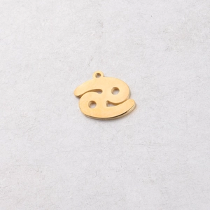 Detailed close-up of a 15mm gold-finished stainless steel Cancer zodiac pendant with mirror finish