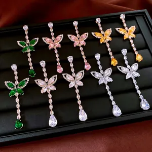 Butterfly Tassel Dangle Earrings Luxury Zircon Copper Jewelry With 925 Sterling Silver Earring Post For Women Fashion
