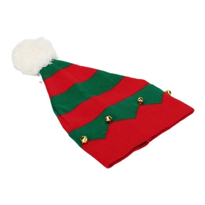 Festive knitted Christmas elf hat with red and green stripes, white pom-pom, and gold bells