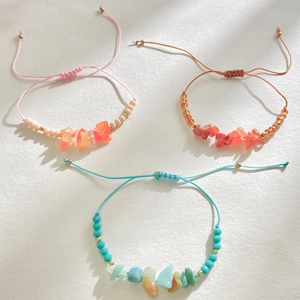 Handmade bohemian bracelets with natural crushed stones and colorful beads in three styles