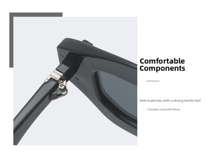Detail of sturdy silver metal hinge and reinforced screw on black polygonal sunglasses