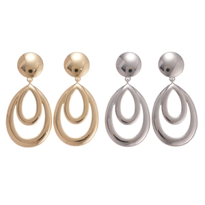 Minimalist double teardrop geometric earrings in polished gold and silver metal finishes