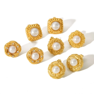 Elegant gold titanium steel pearl earring set featuring vintage geometric designs
