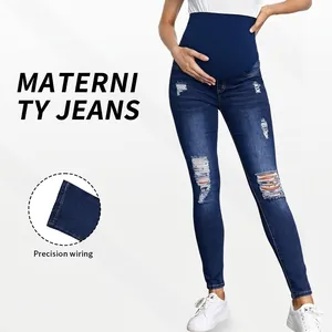 High-waisted maternity ripped jeans in dark blue with elastic belly support band
