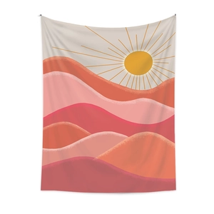 Abstract mountain sunrise tapestry in warm pink and orange tones for wall decoration