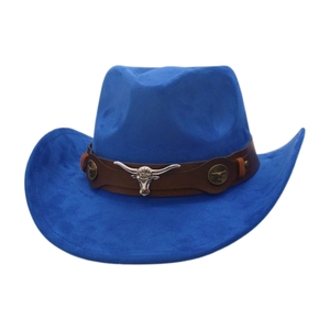 Detail of navy blue faux suede cowboy hat with brown leather band and bull head ornament