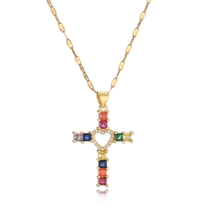 Exquisite gold-plated cross necklace with colorful zircon stones and heart cutout on white background